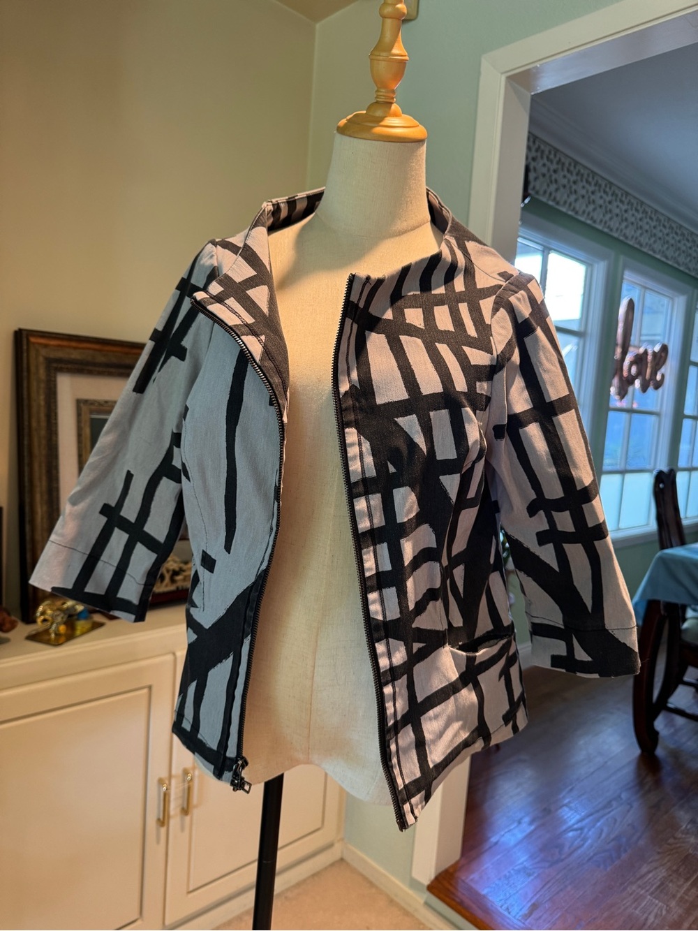 Abstract Grid Print Open-Front Jacket - Black & White